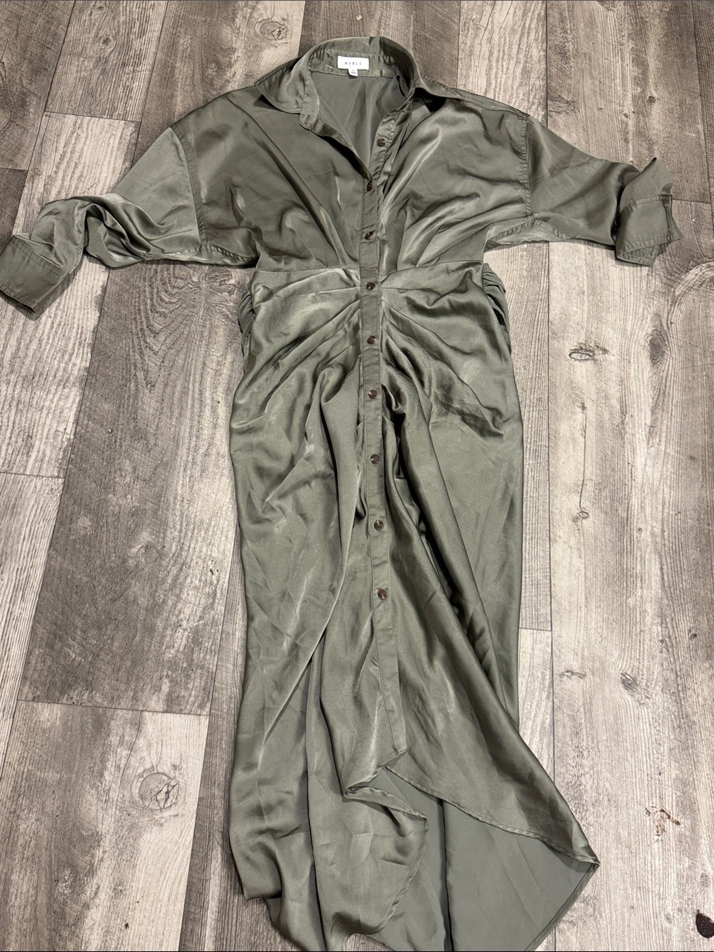 Button-Front Maxi Shirt Dress in Olive by MARBLE